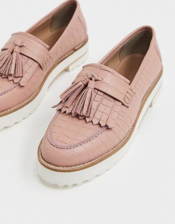 ASOS DESIGN Meze chunky fringed leather loafers in pink croc | ASOS
