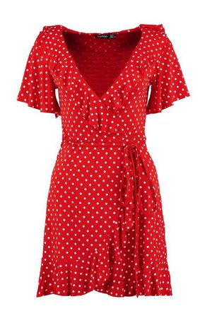 Wrap Polka Dot Print Frill Detail Tea Dress | Boohoo red