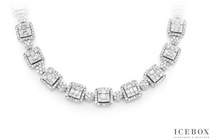 Icebox - Round & Baguette Diamond Necklace 20.5 17.33ctw 14k White Gold