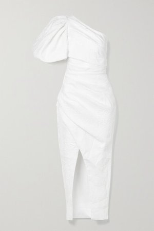 One-sleeve Gathered Metallic Jacquard Midi Dress - White