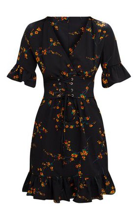 Black Floral Corset Swing Dress. Dresses | PrettyLittleThing