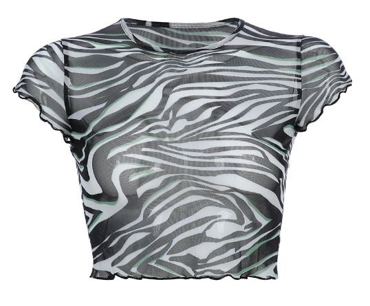 Sweetown Zebra Animal Striped Print T Shirt Sexy Transparent Mesh Summer Top