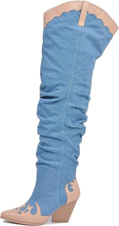 Amazon.com | Cape Robbin Jeans Cowboy Boots for Women, Thigh High Over The Knee High Boots Western Cowgirl Boots Women Chunky Block Heels, Fashion Dress Boots for Women - Denim Size 10 | Over-the-Knee