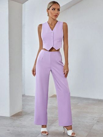 SHEIN BIZwear Women'S Solid Color Buttoned Vest Suit And Pants Set | SHEIN