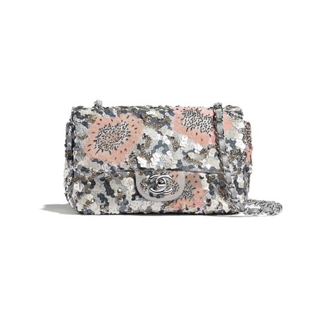 Sequins, Glass Pearls & Silver-Tone Metal Gray, Silver & Pink Mini Flap Bag | CHANEL