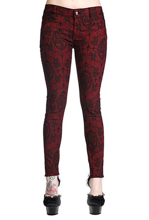 Banned Cameo Skull Lady Rose & Cross Gothic Skinny Jeans (M-30, Burgundy) at Amazon Women's Jeans store