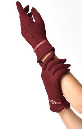Burgundy Wool Buckle Trim Wrist Gloves By Unique Vintage