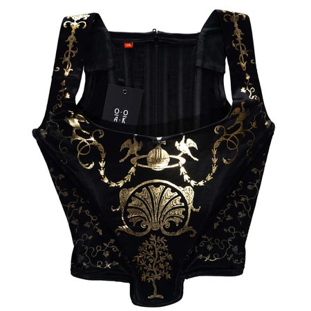 Vivienne Westwood black satin corset with metallic gold pattern, ss 1992 For Sale at 1stDibs