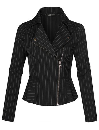 Lighweight Long Sleeve Asymmetrical Striped Blazer Jacket | LE3NO black