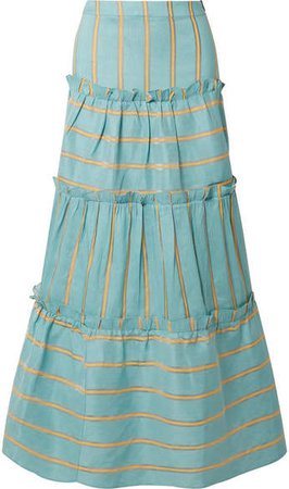 Coquillage Tiered Striped Linen-blend Maxi Skirt - Turquoise
