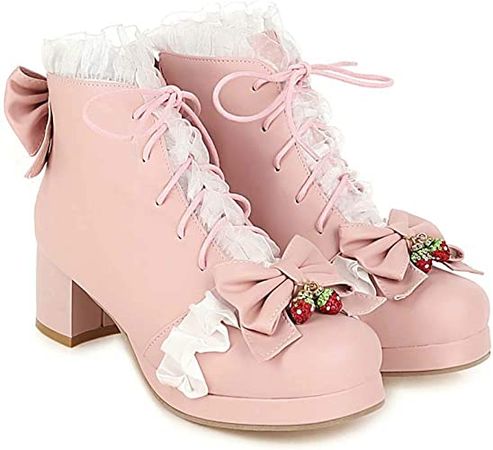 Amazon.com | Elyffany Fashion Bow Ankle Boots Lace up Cute Chunky Heel Lolita Shoes | Ankle & Bootie