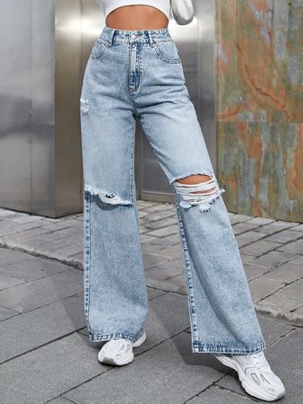 SHEIN High Waist Ripped Wide Leg Jeans | SHEIN