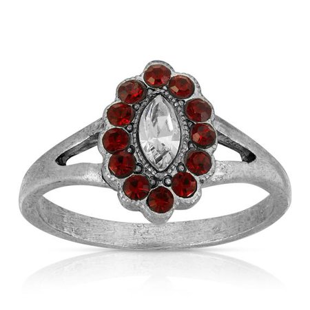 Pewter Diamond Shaped Crystal with Red Crystals Ring