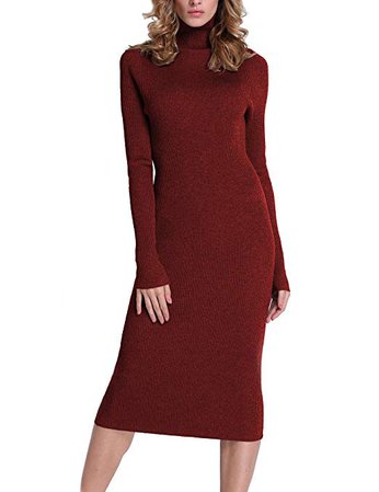 Rocorose Women's Turtleneck Ribbed Elbow Long Sleeve Knit Sweater Dress Dark Grey S at Amazon Women’s Clothing store