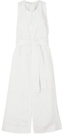 Belted Pinstriped Crepe Midi Dress - White