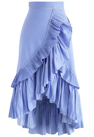 Applause of Ruffle Tiered Frill Hem Skirt in Blue Stripes - Retro, Indie and Unique Fashion