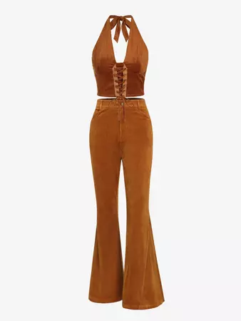 Women's Cowgirl Western Corduroy Lace Up Grommet Halter Tie Plunge Front Backless Crop Tank Top Flare Pants Two Piece Set In COFFEE | ZAFUL 2024