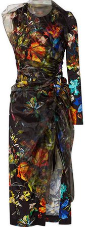 Layered Floral-print Satin And Organza Midi Dress - Black