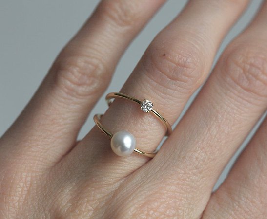 Pearl Ring Round Diamond Ring Solitaire Double Ring | Etsy