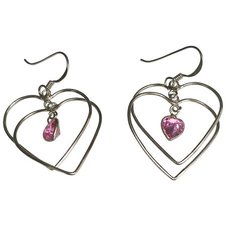 Sterling Silver Pierced Dangle Double Heart Pink CZ Earrings : Laura-Five-Star-Jewelry | Ruby Lane