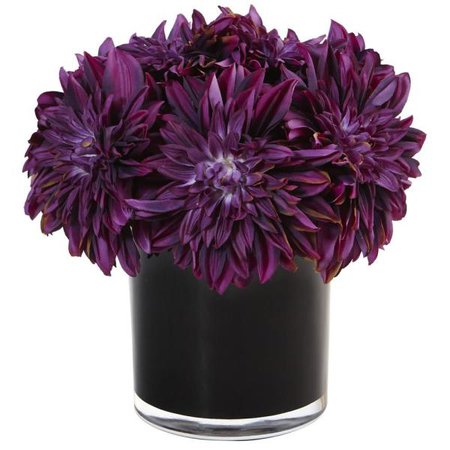 Nearly Natural Dahlia Mum Silk Arrangement in Black Glossy Cylinder Vase Purple 1471-PP - The Home Depot