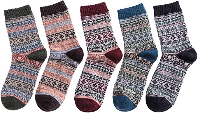 Color City Womens 5 Pairs Colorful Thick Knitting Cotton Crew Socks - Warm Wool Winter Socks, Free Size, Style E at Amazon Women’s Clothing store