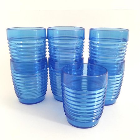 Vintage Blue Tumblers Set of 7 Optical Plastic Poolside Party | Etsy