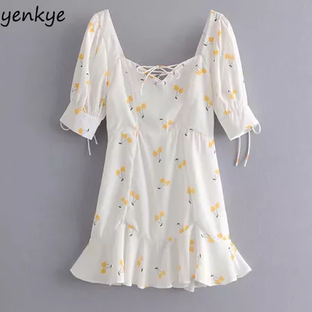 2019 Sweet Women Yellow Cherry Print White Dress Lady Sexy Backless Lace Up Short Sleeve Ruffle Hem A line Summer Dress -in Dresses from Women's Clothing on Aliexpress.com | Alibaba Group