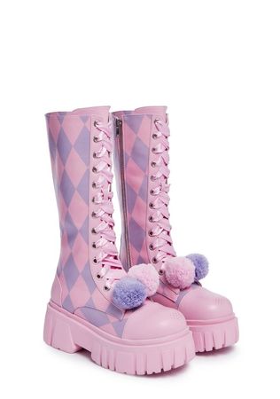 Trickz N Treatz Clown Harlequin Combat Boots - Pink/Purple