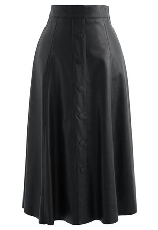 Buttoned Soft Faux Leather A-Line Skirt in Black - Retro, Indie and Unique Fashion