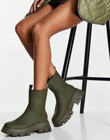 River Island chunky rubber boots with cleated sole in khaki | ASOS