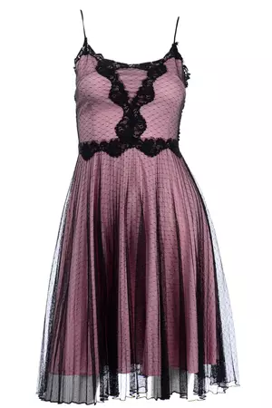 1990s Betsey Johnson Vintage Pink Dress Black Net Overlay & Lace Trim – Modig