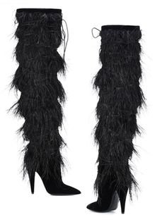 Yeti 110 Feather-Trimmed Velvet Boots - Saint Laurent | mytheresa.com