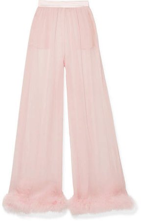Feather And Satin-trimmed Silk-chiffon Wide-leg Pants - Baby pink