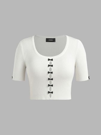 Bow Hollow Out Knitted Crop Top - Cider