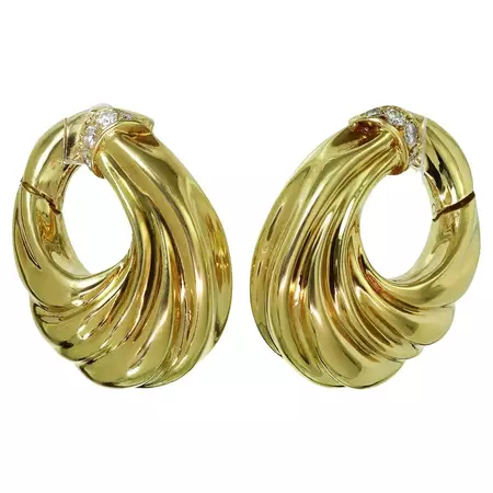 Van Cleef and Arpels Diamond 18k Yellow Gold Hoop Earrings For Sale at 1stDibs | van cleef earrings, vca gold earrings, van cleef hoop earrings
