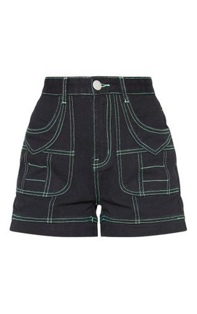 Black Neon Lime Stitch Stitched Denim Shorts | PrettyLittleThing