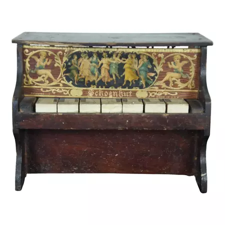 Antique Schoenhut 7 Key Upright Toy Piano with Neoclassical Lithograph Cherubs Muses | Chairish