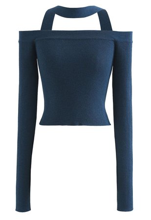 Halter Neck Off-Shoulder Crop Knit Top in Indigo - Retro, Indie and Unique Fashion