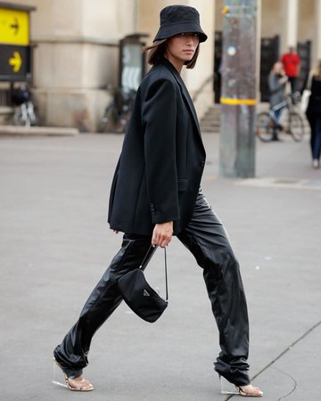pants, black leather pants, black blazer, bucket hat, sandal heels, black bag - Wheretoget