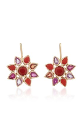 She Bee 14K Gold Coral And Sapphire Flower Earrings