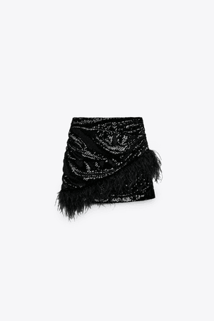 black sequin feather trim skirt