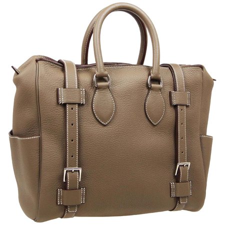 Hermes Taupe Leather Palladium Weekend Carryall Men's Travel Top Handle Tote Bag