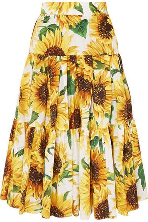 Tiered Floral-print Cotton-poplin Skirt - Yellow
