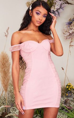 Pink Mesh Ruched Bardot Sleeve Bodycon Dress | PrettyLittleThing