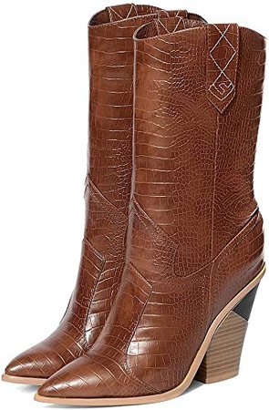 Amazon.com | Parisuit Womens Chunky Stacked High Heel Cowgirl Mid Calf Boots Pointed Toe Western Boots Slip On Crocodile Shoes-Beige Size 4 | Mid-Calf