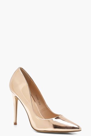 Rose Gold Mirror Metallic Pointed Toe Court Shoes