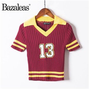 Bazaleas Punk 13 Appliques Women T shirt Turn Down Knitted Crop Top harajuku Patchwork tshirt Casual Cropped Basic women tops-in T-Shirts from Women's Clothing on Aliexpress.com | Alibaba Group