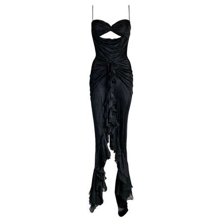 S/S 2005 Versace Black Cut-Out Ruffles High Slit Gown Dress For Sale at 1stDibs