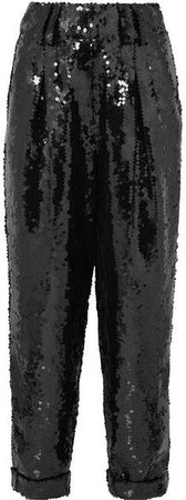 Sequined Mesh Tapered Pants - Black